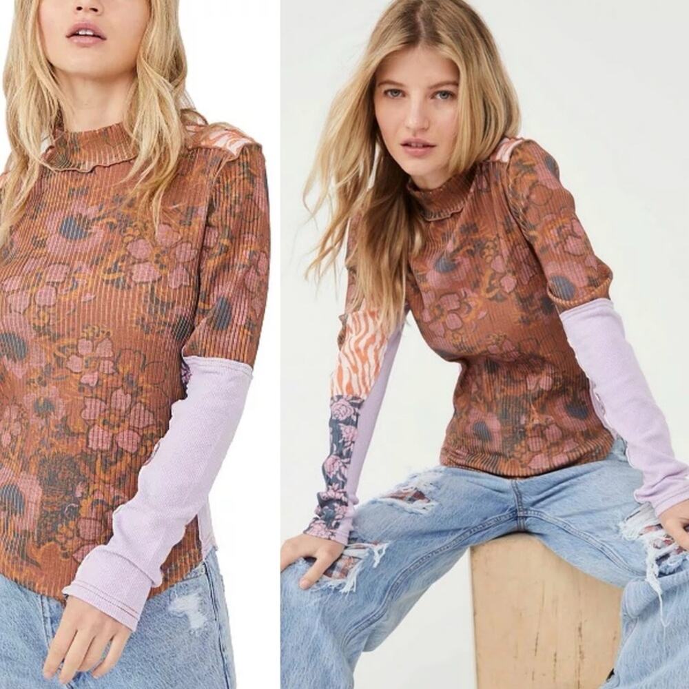 Free People Meadow Mix Long Sleeve Top Mixed Print Mock Neck Multicolor Small